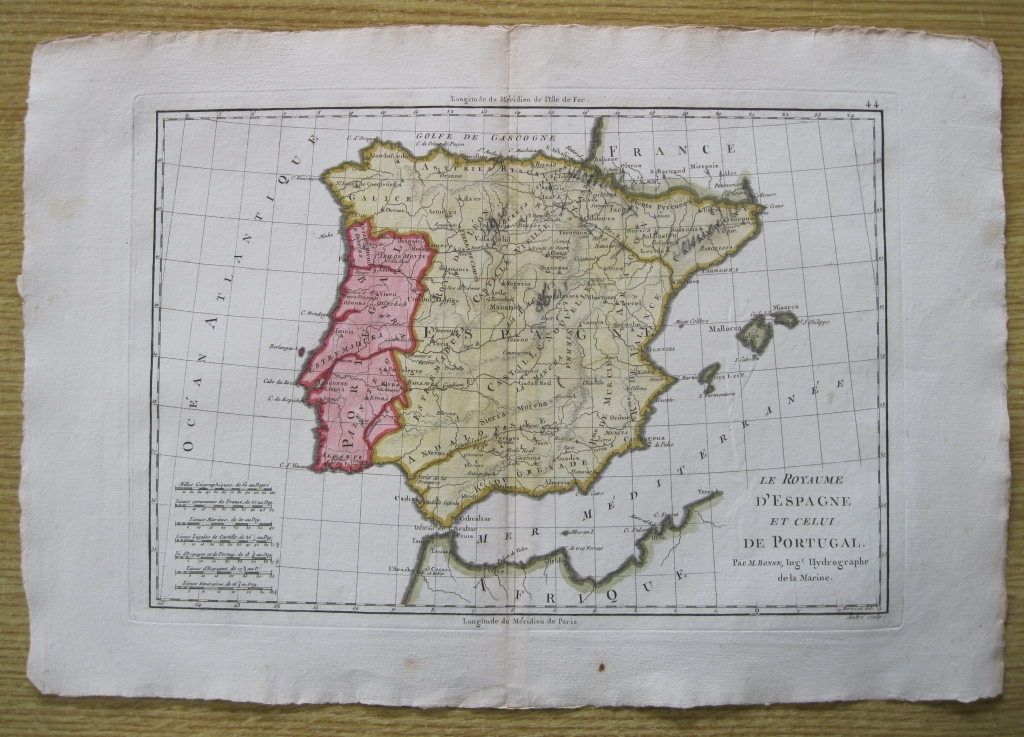 Mapa de España y Portugal, 1788.Bonne